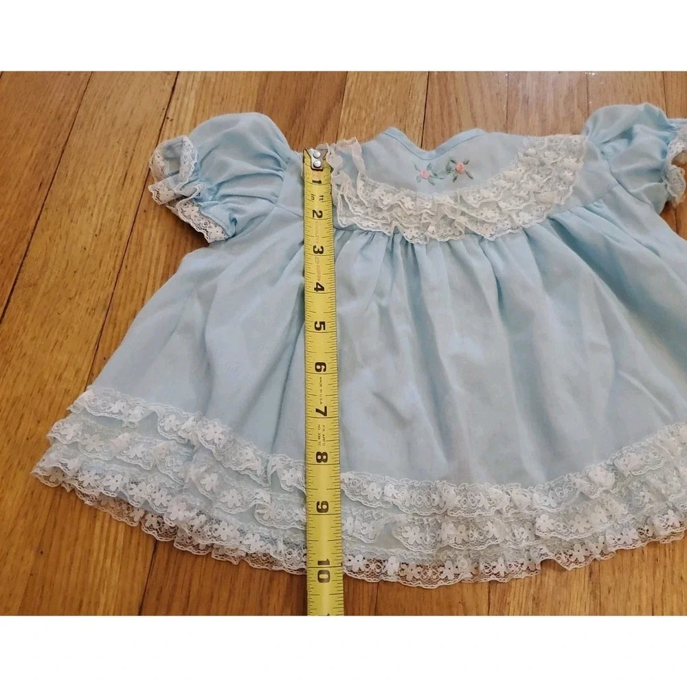 Vintage Baby Girl Dress 1-12 Months Blue Lace Trim